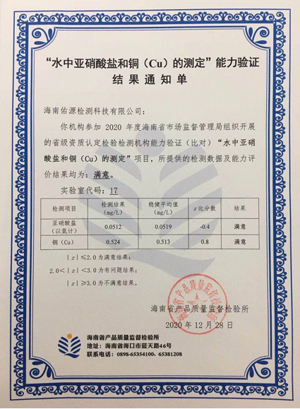 2020年參加海南省市場(chǎng)監(jiān)督管理局的能力驗(yàn)證